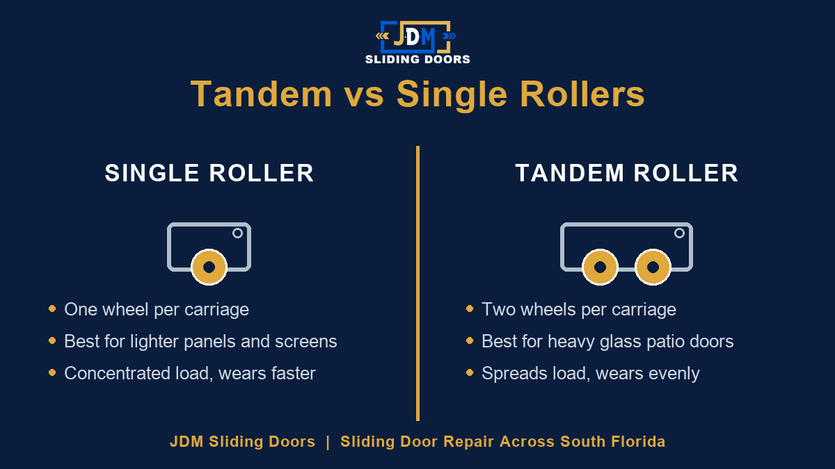 Tandem vs single sliding door rollers compared: single roller has one wheel per carriage for lighter panels, tandem has two wheels per carriage for heavy glass doors