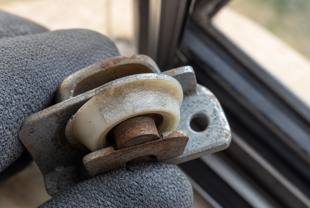 Worn sliding door roller with a flat-spotted nylon wheel and rusted steel axle, held by a technician