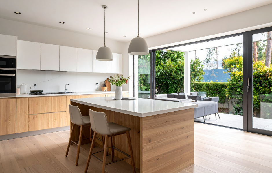 Large sliding glass door in modern kitchen opening to backyard, JDM Sliding Doors replacement service