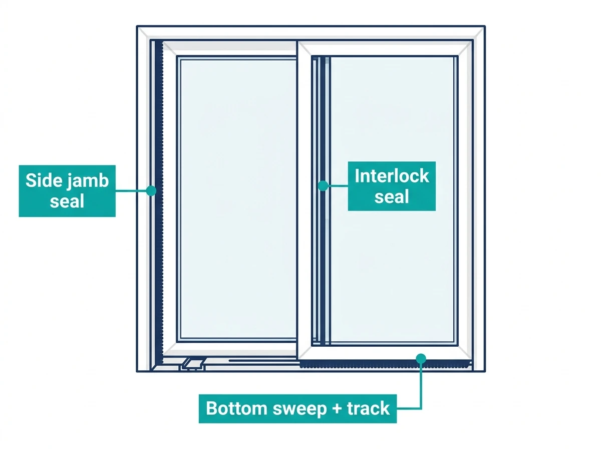 Labeled diagram of a sliding glass door showing where the weather stripping seals sit: side jamb seal, interlock seal, and bottom sweep along the track