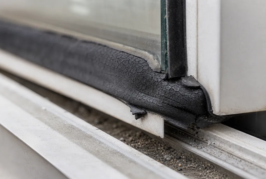Close-up of cracked and flattened weather stripping along the edge of a sliding glass door panel