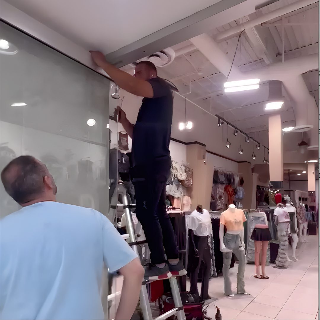 JDM technician servicing a commercial storefront door for a Florida property manager